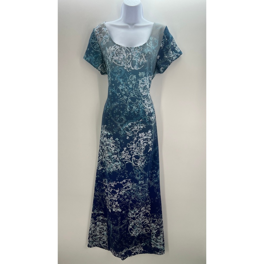 Meghan Matthews Blue Ombre Filigree Floral Maxi Dress Womens 14 Short Sleeve USA